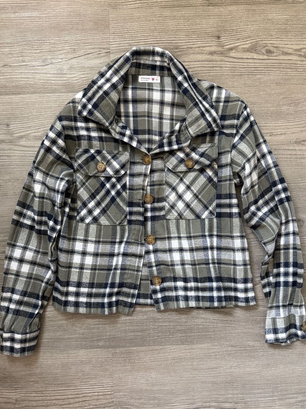 Beautees Plaid Shirt Jacket in Olive, Navy, and White